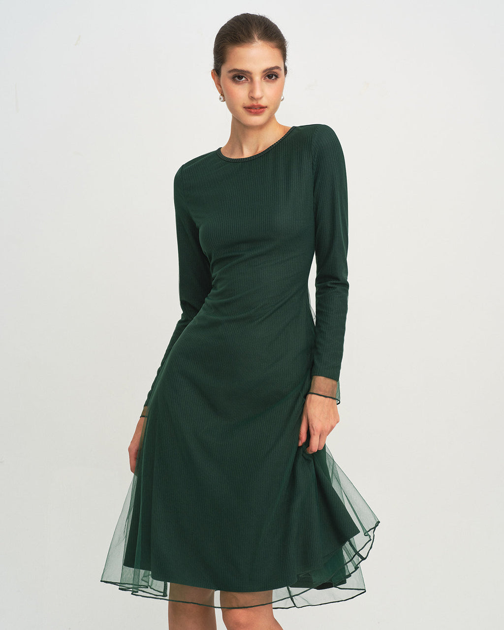 Green Knit Mesh Midi Dress with Round Neck