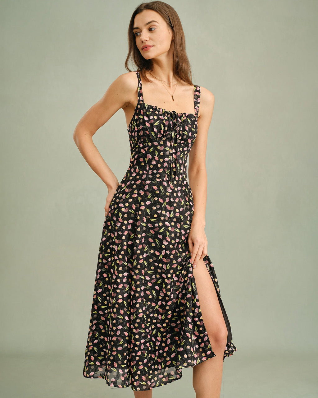 Floral Print Black Midi Dress with Zipper Detail