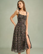 Floral Print Black Midi Dress with Zipper Detail