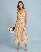 Floral Midi Dress with Yellow Butterfly Sleeves and Tie Detail