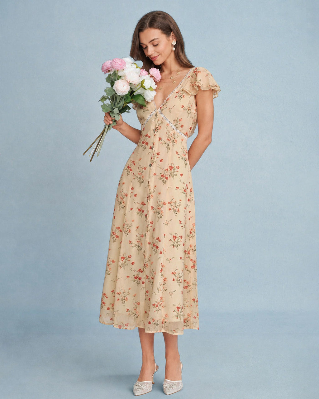 Floral Midi Dress with Yellow Butterfly Sleeves and Tie Detail