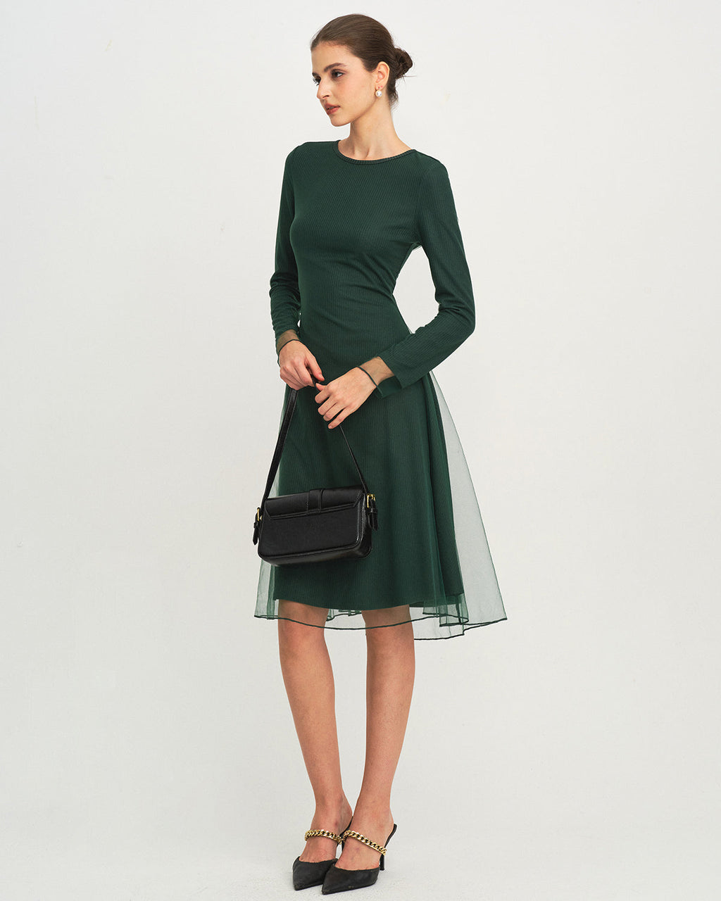 Green Knit Mesh Midi Dress with Round Neck