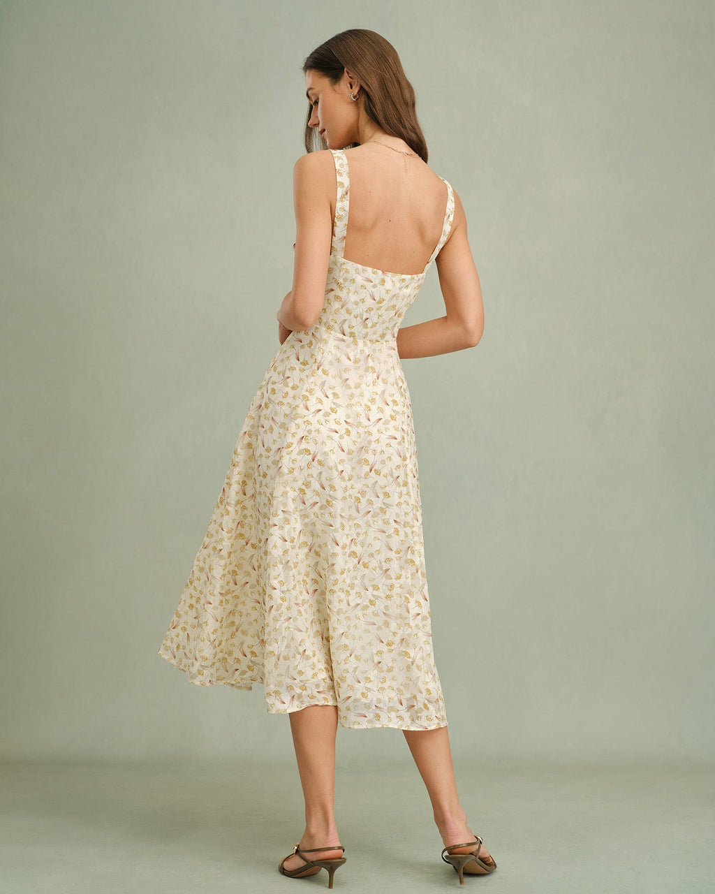 Apricot Floral Print Midi Dress with Zipper
