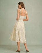 Apricot Floral Print Midi Dress with Zipper