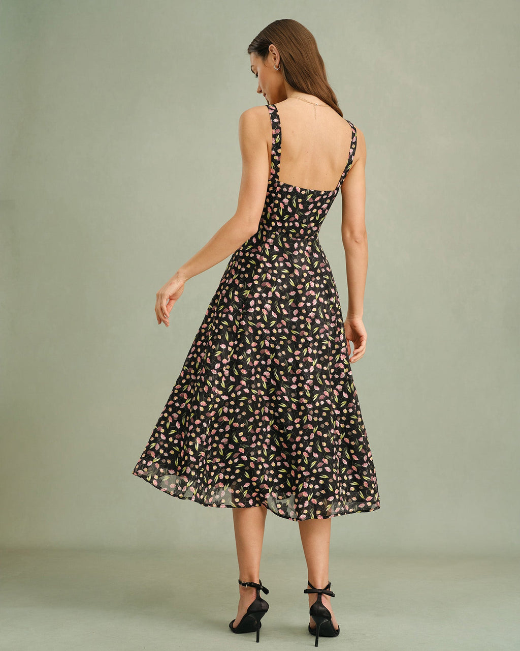 Floral Print Black Midi Dress with Zipper Detail