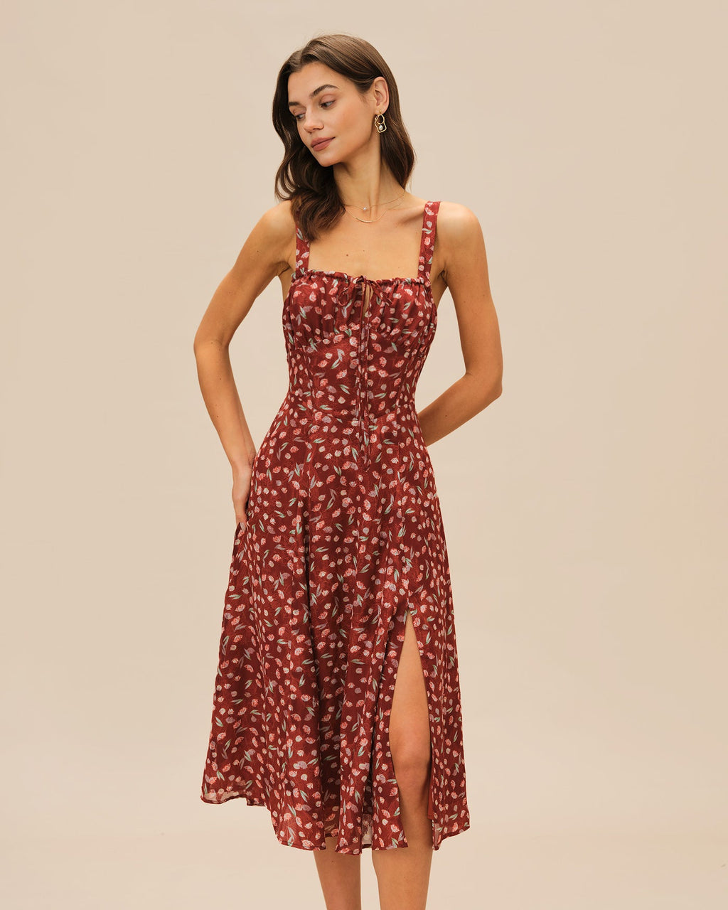 Wine Red Floral Midi Dress with Slip Design