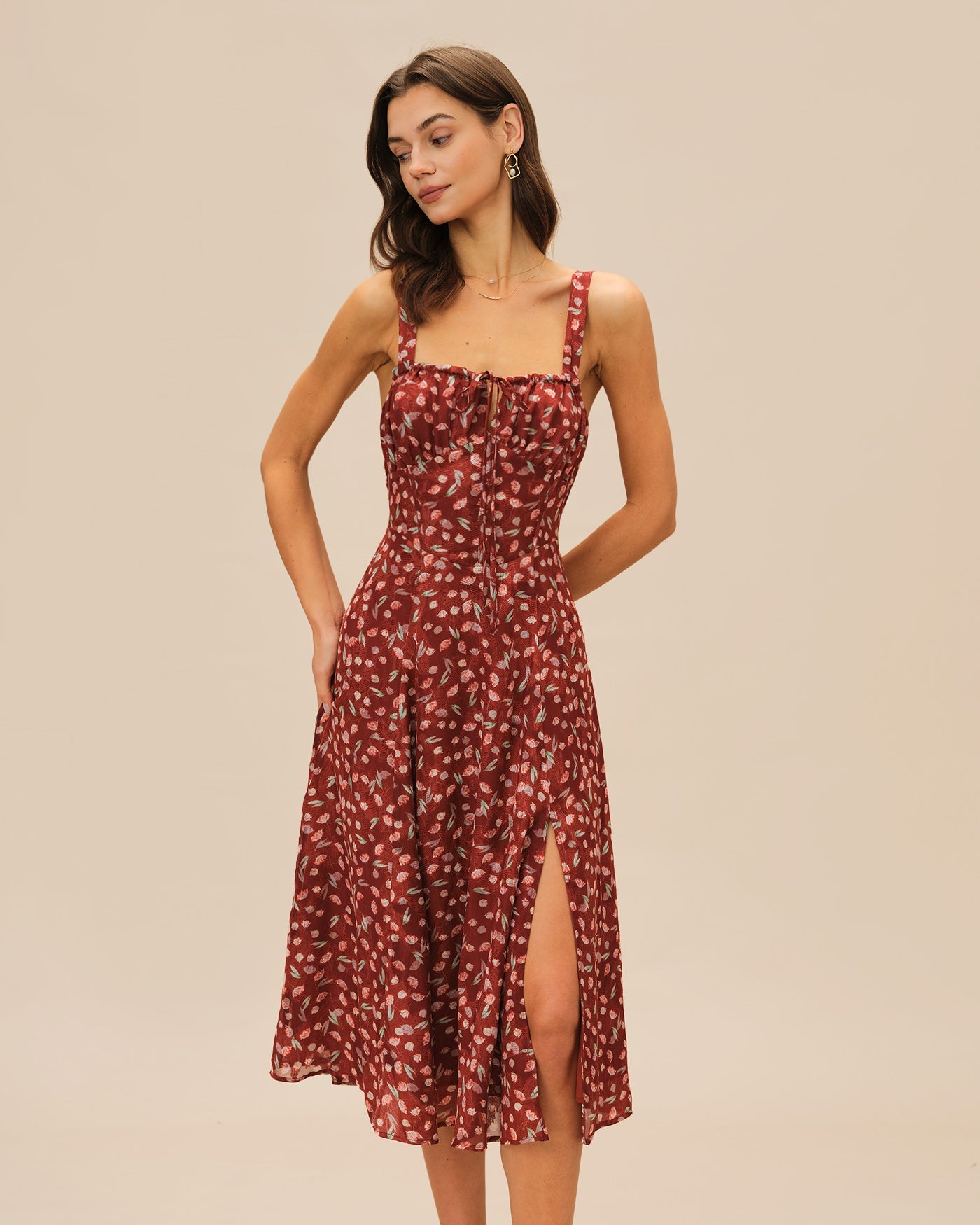 Wine Red Floral Midi Dress with Slip Design