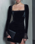 Velvet Mini Dress with Black Square Neckline