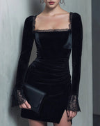 Velvet Mini Dress with Black Square Neckline