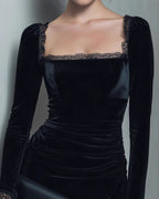 Velvet Mini Dress with Black Square Neckline