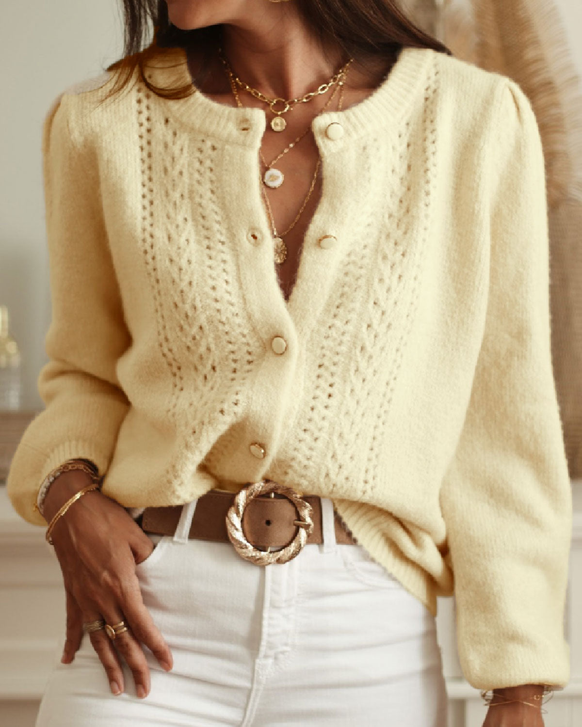 Yellow Knit Cardigan with Round Neck and Hip Length
