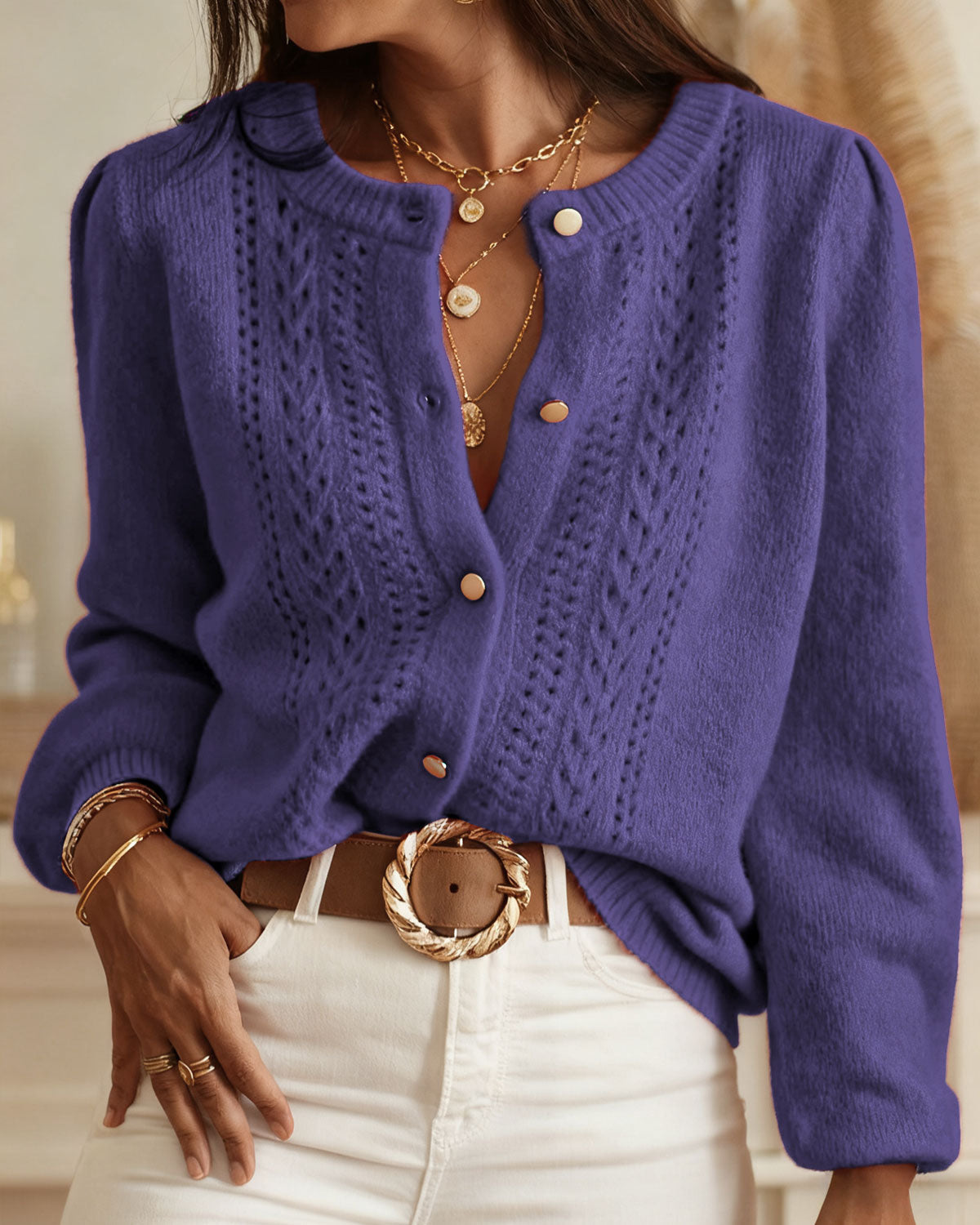 Purple Single-Breasted Knit Cardigan for Winter