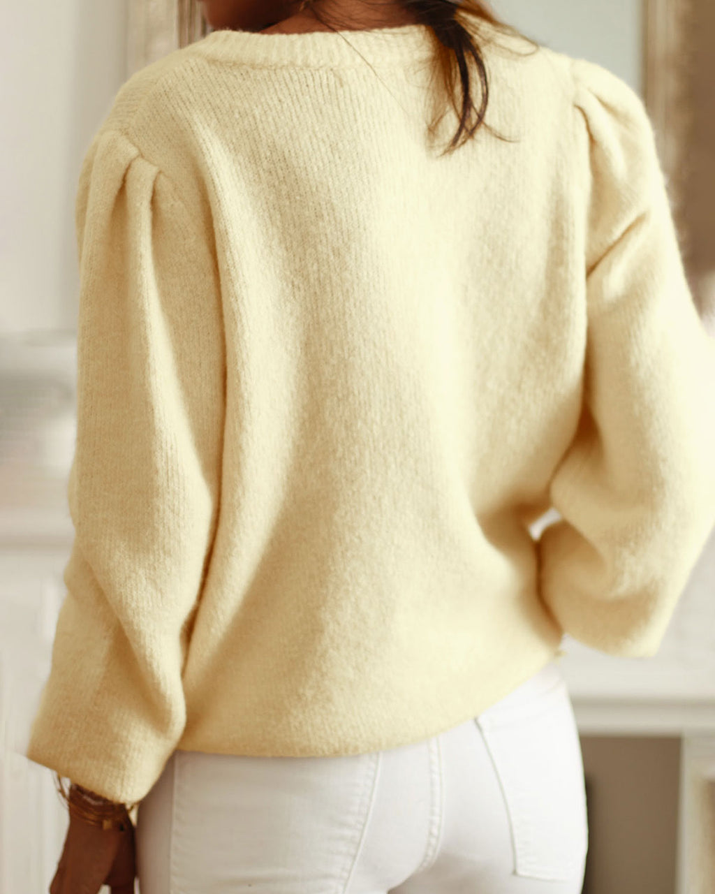 Yellow Knit Cardigan with Round Neck and Hip Length