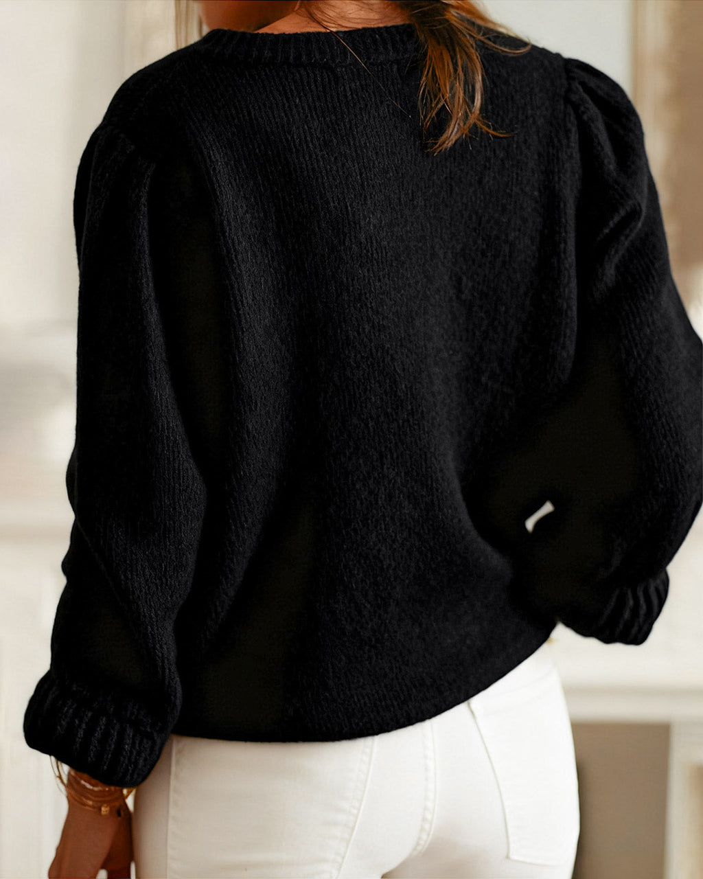 Black Knit Cardigan with Round Neck