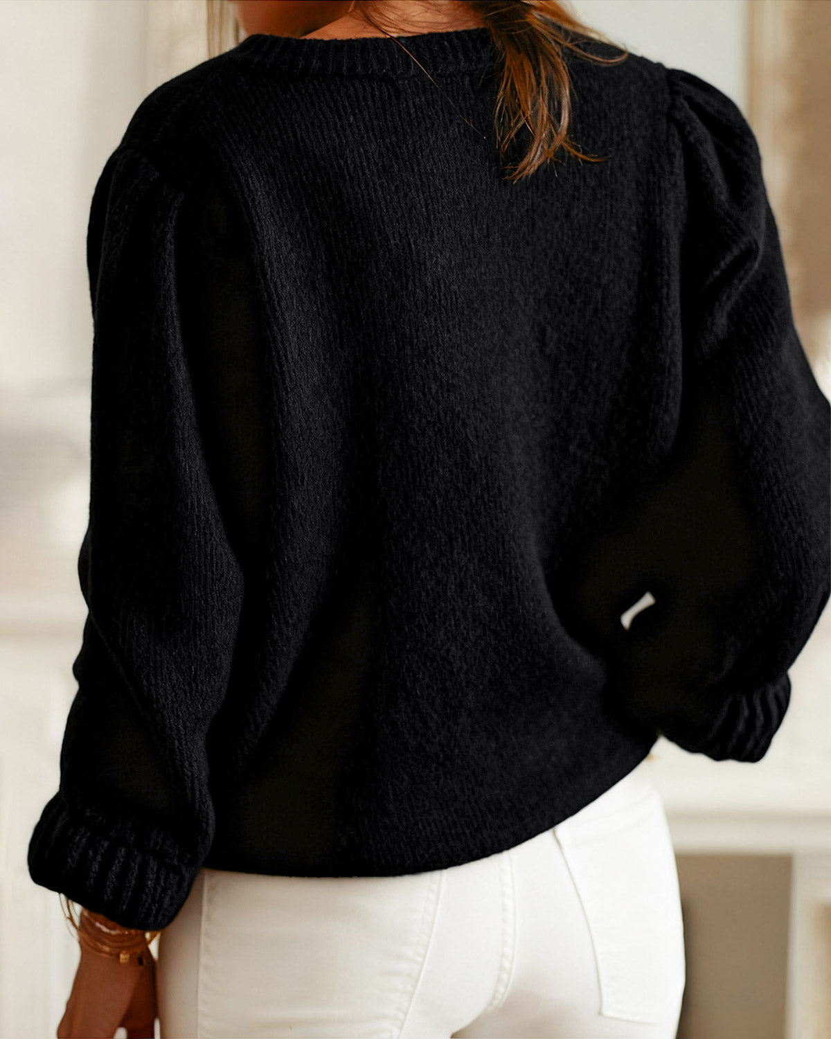 Black Knit Cardigan with Round Neck