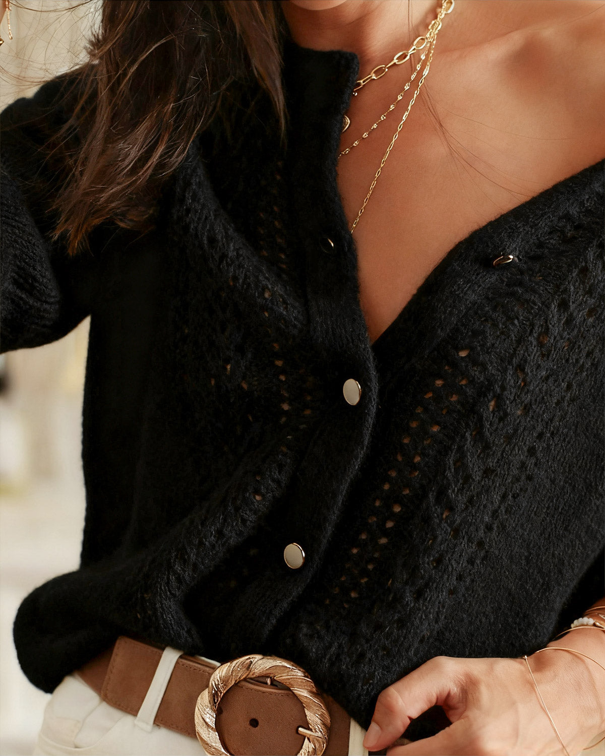 Black Knit Cardigan with Round Neck