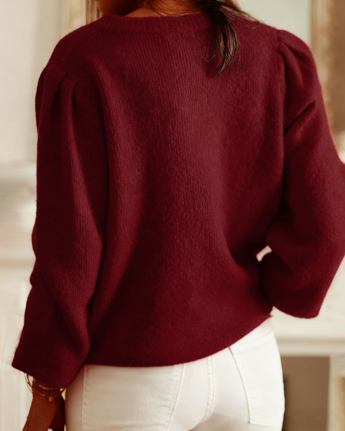 Casual Knit Cardigan in Wine Red with Round Neck