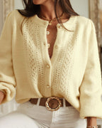 Yellow Knit Cardigan with Round Neck and Hip Length