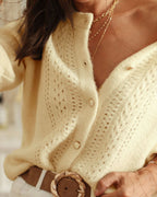 Yellow Knit Cardigan with Round Neck and Hip Length