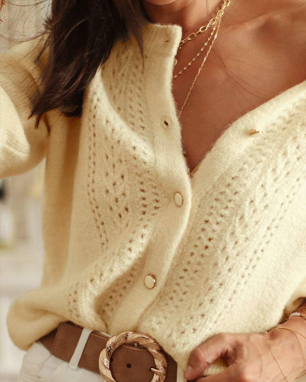 Yellow Knit Cardigan with Round Neck and Hip Length