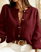 Casual Knit Cardigan in Wine Red with Round Neck
