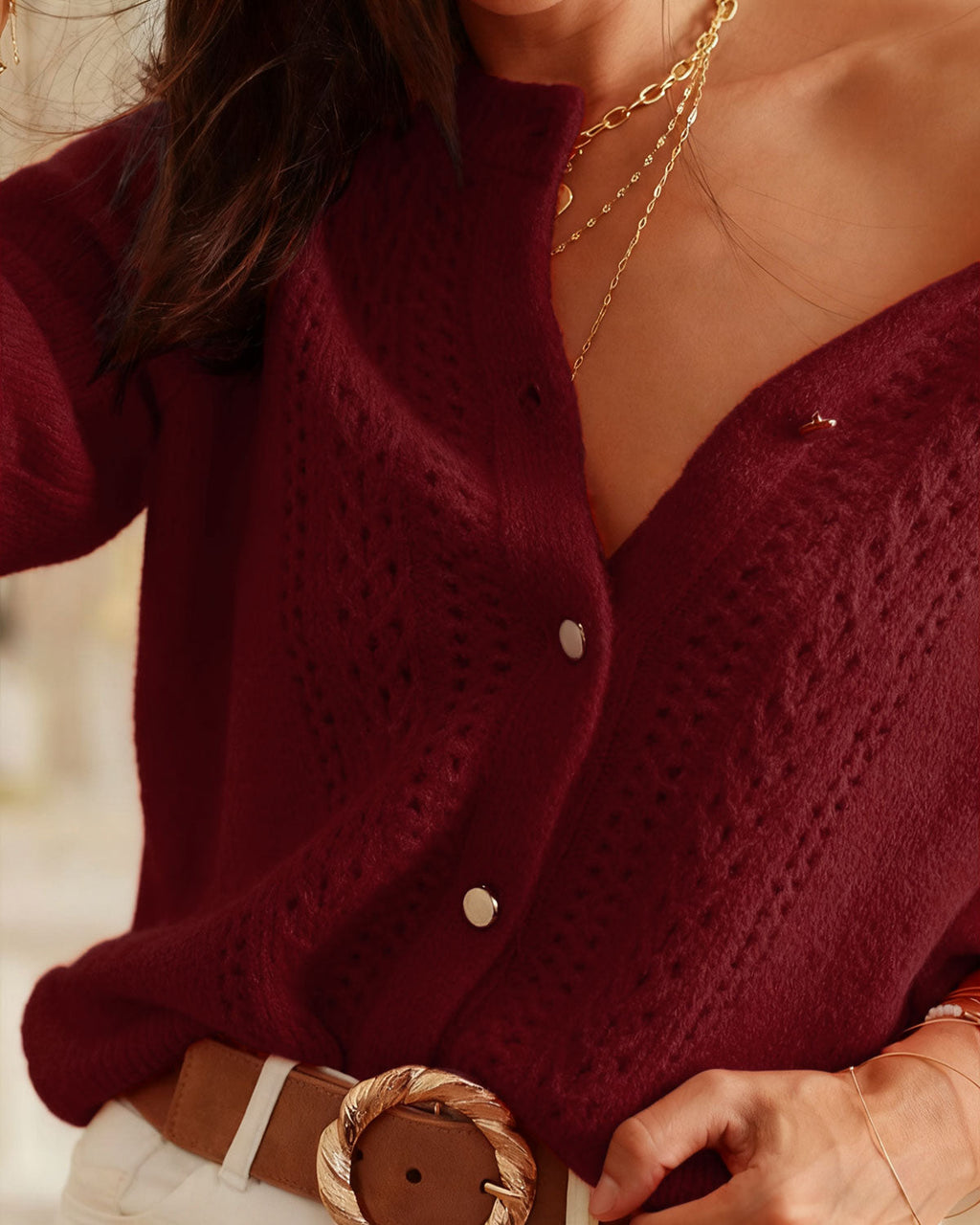 Casual Knit Cardigan in Wine Red with Round Neck