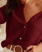 Casual Knit Cardigan in Wine Red with Round Neck