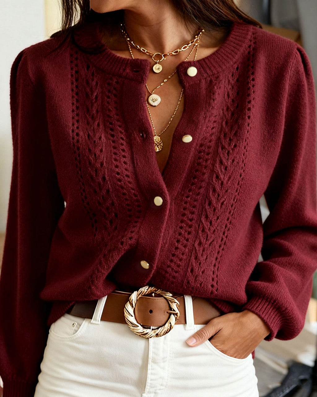 Casual Knit Cardigan in Wine Red with Round Neck