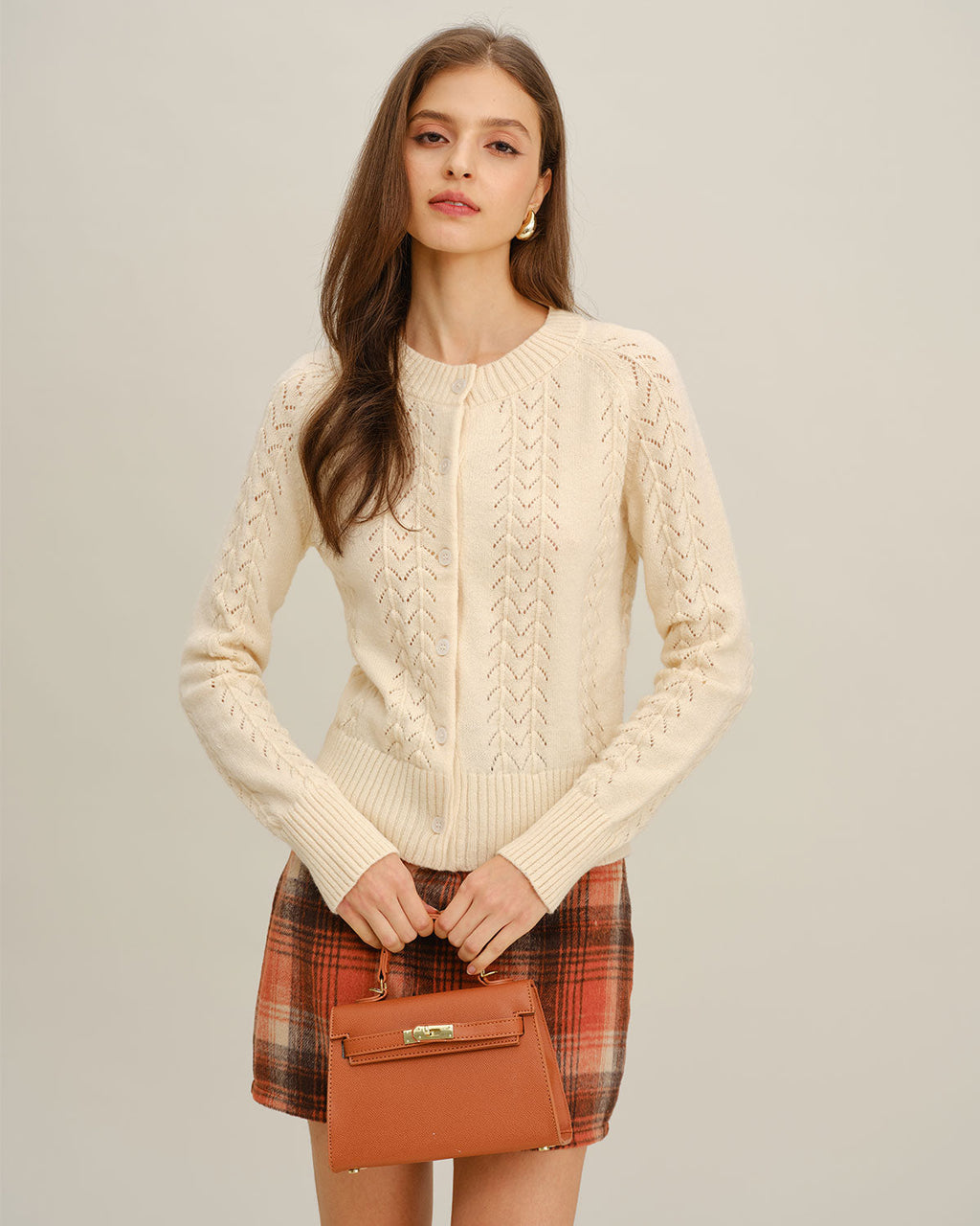 Beige Knit Cardigan with Round Neck