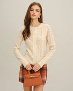 Beige Knit Cardigan with Round Neck