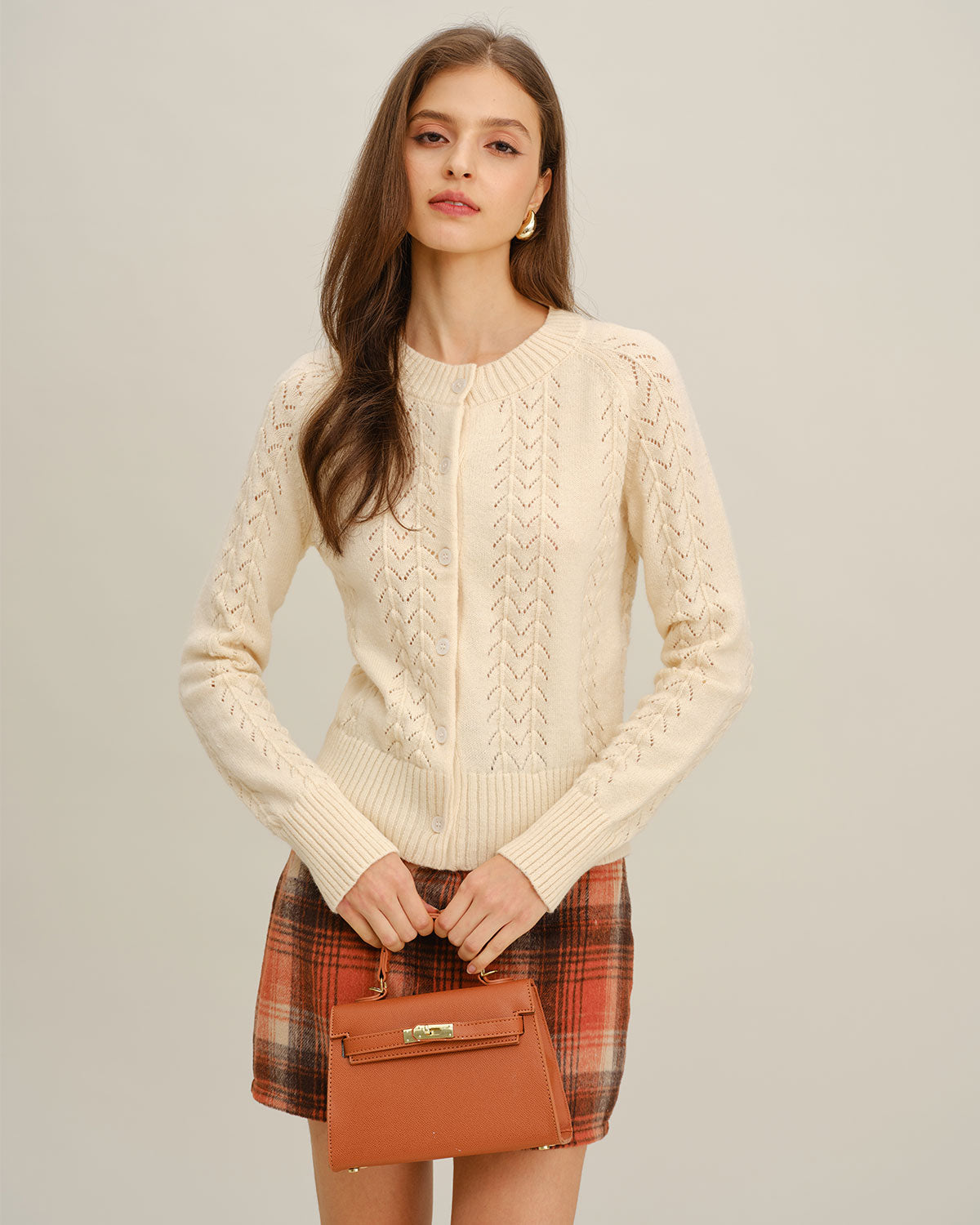 Beige Knit Cardigan with Round Neck