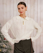 Beige Button-Up Sweater with Drop Shoulders