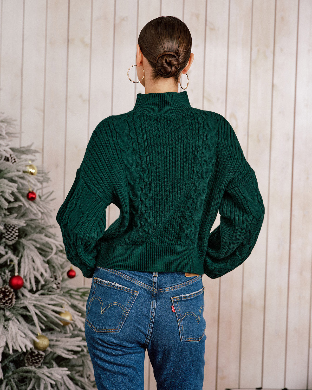 Emerald Mock Neck Sweater with Lantern Sleeves