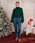 Emerald Mock Neck Sweater with Lantern Sleeves