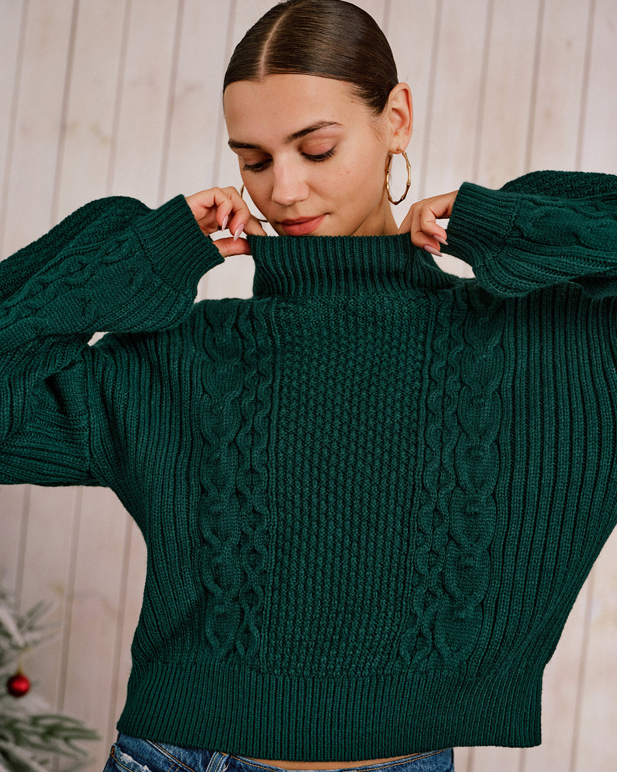 Emerald Mock Neck Sweater with Lantern Sleeves