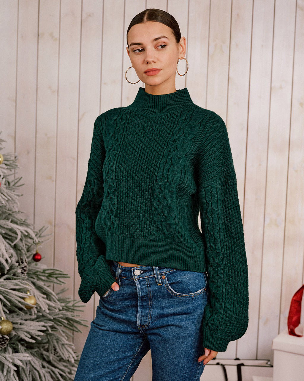 Emerald Mock Neck Sweater with Lantern Sleeves