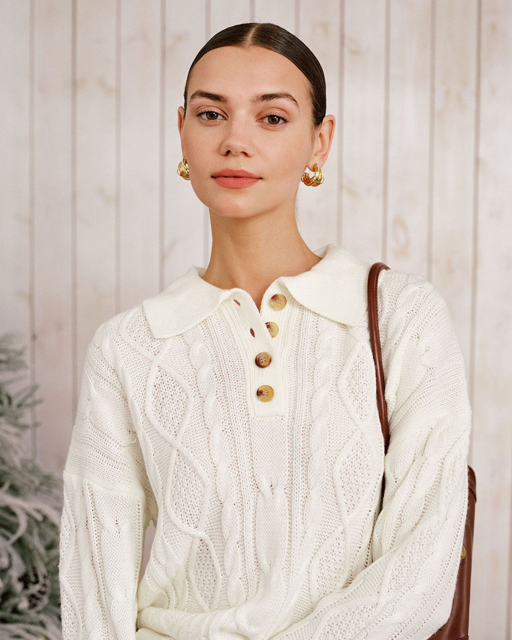 Beige Button-Up Sweater with Drop Shoulders
