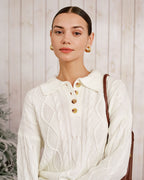 Beige Button-Up Sweater with Drop Shoulders