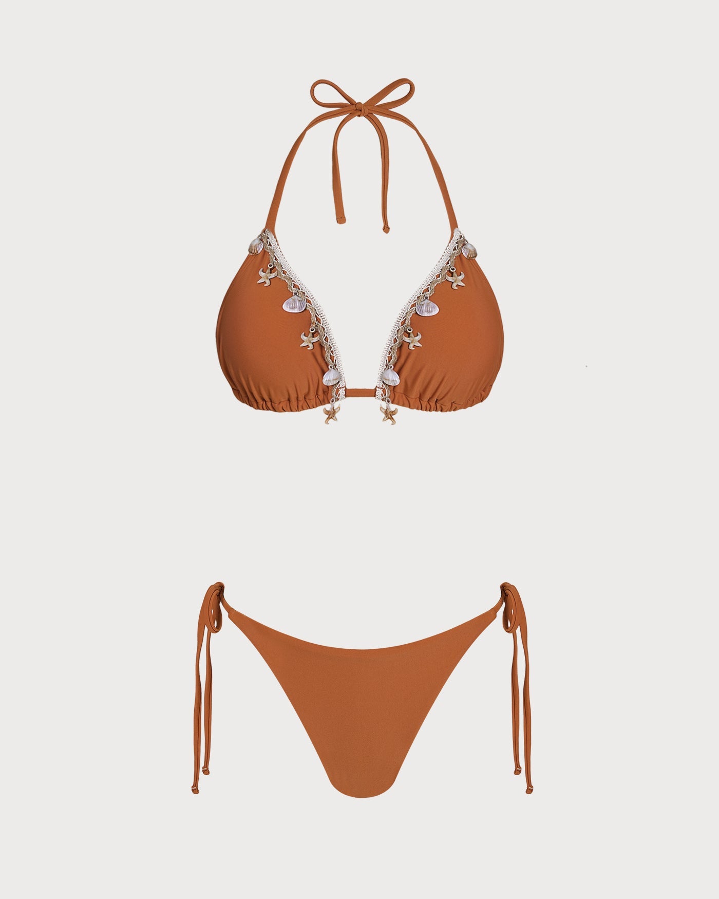 Brown Crochet Triangle Bikini Set with Halter Neck