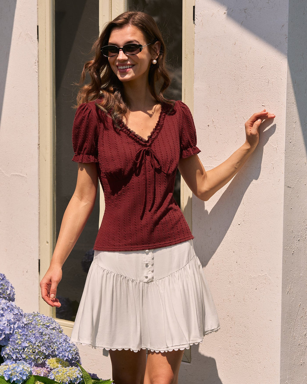 Textured V-Neck Tee in Wine Red