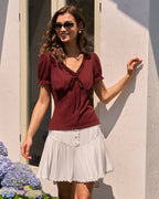 Textured V-Neck Tee in Wine Red