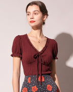 Textured V-Neck Tee in Wine Red