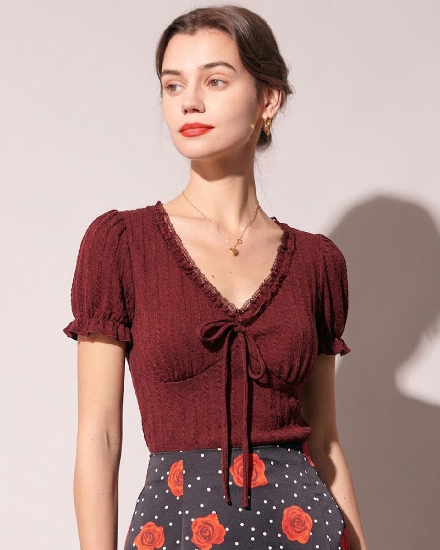Textured V-Neck Tee in Wine Red