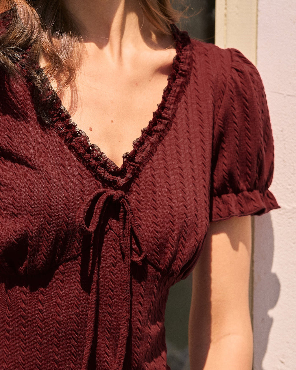 Textured V-Neck Tee in Wine Red