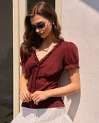 Textured V-Neck Tee in Wine Red