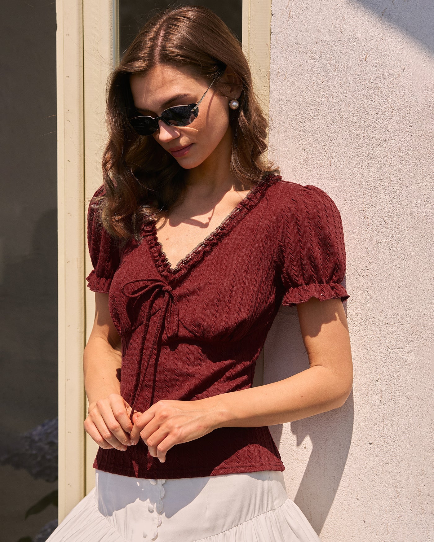 Textured V-Neck Tee in Wine Red