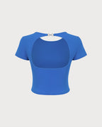 Blue Button-Up Knit T-Shirt with Round Neck
