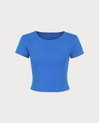 Blue Button-Up Knit T-Shirt with Round Neck