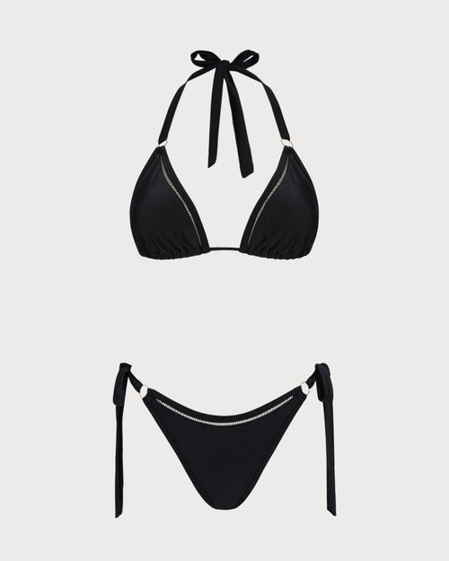 Black Triangle Bikini Set with Halter Neck and O-Ring Detail