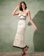 Beige Textured Maxi Dress with Contrasting Details
